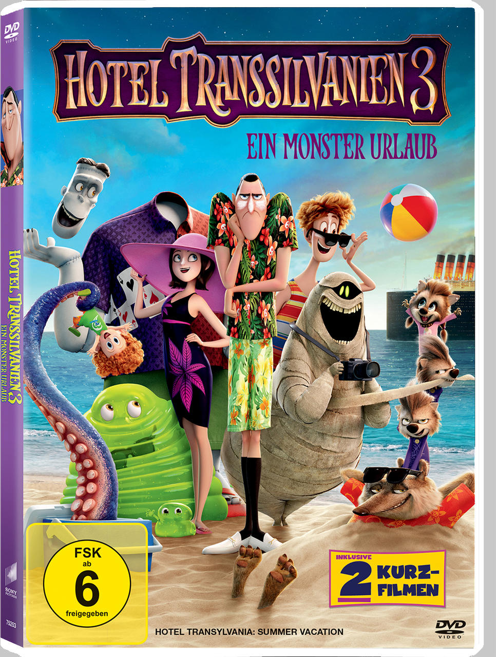 DVD-Hülle von 'Hotel Transsilvanien 3: Ein Monster Urlaub'. Zeichentrickfiguren am Strand.