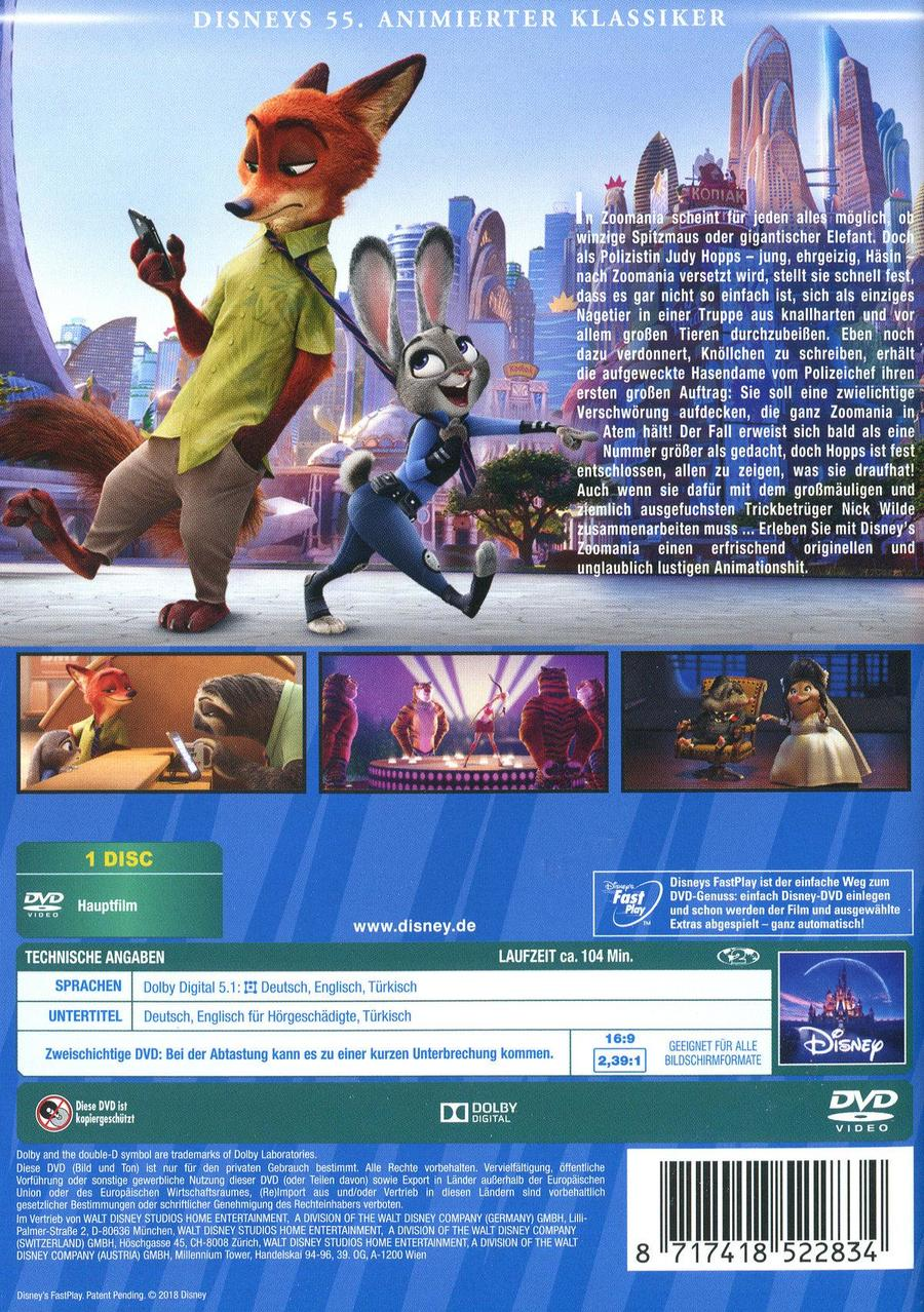 Rückseite einer DVD-Hülle für Zootopia. Die Charaktere Nick und Judy rennen vorne.