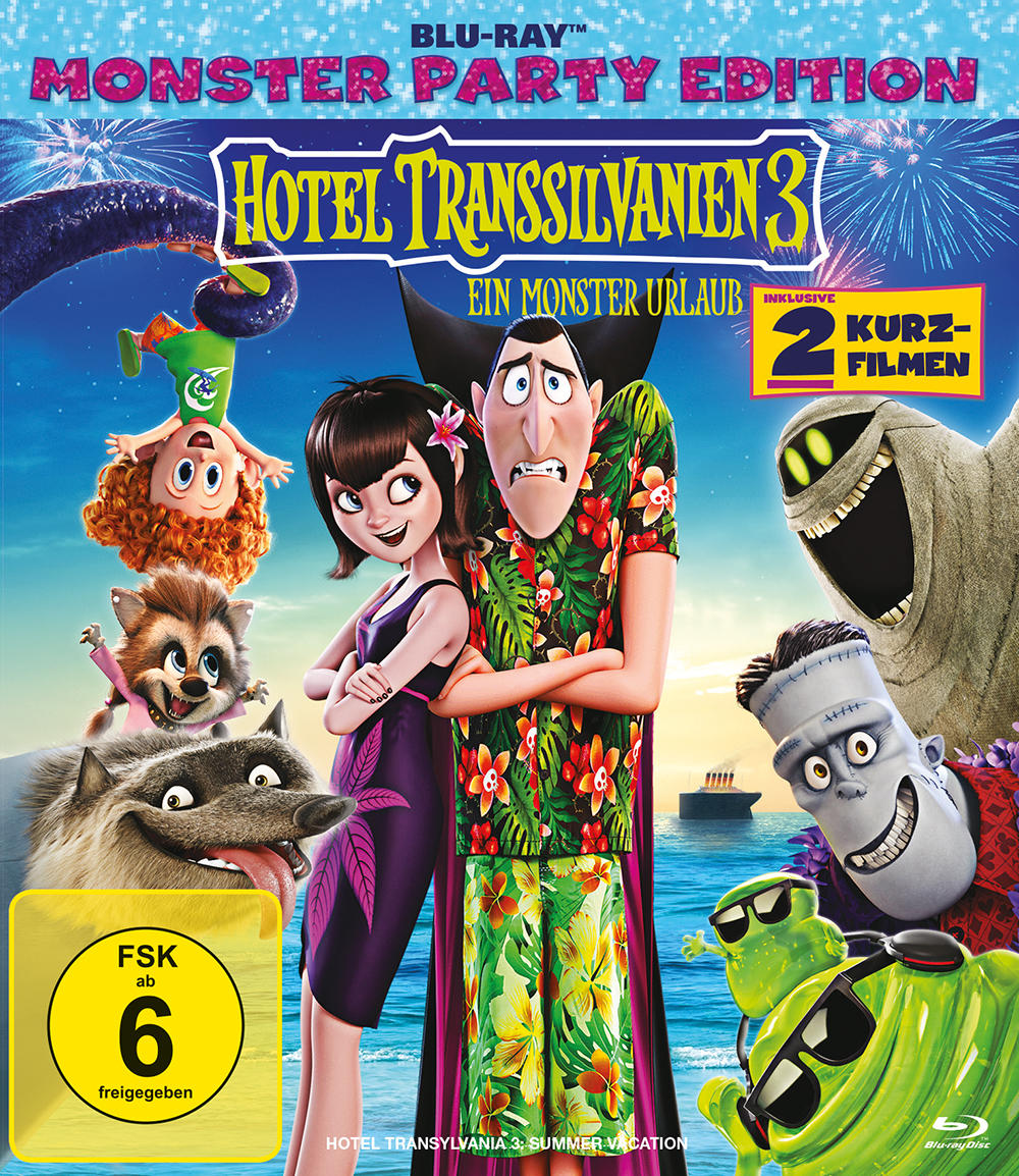 Blu-ray-Cover von Hotel Transsilvanien 3. Zeichentrickfiguren, helle Farben und ein Bewertungsabzeichen.