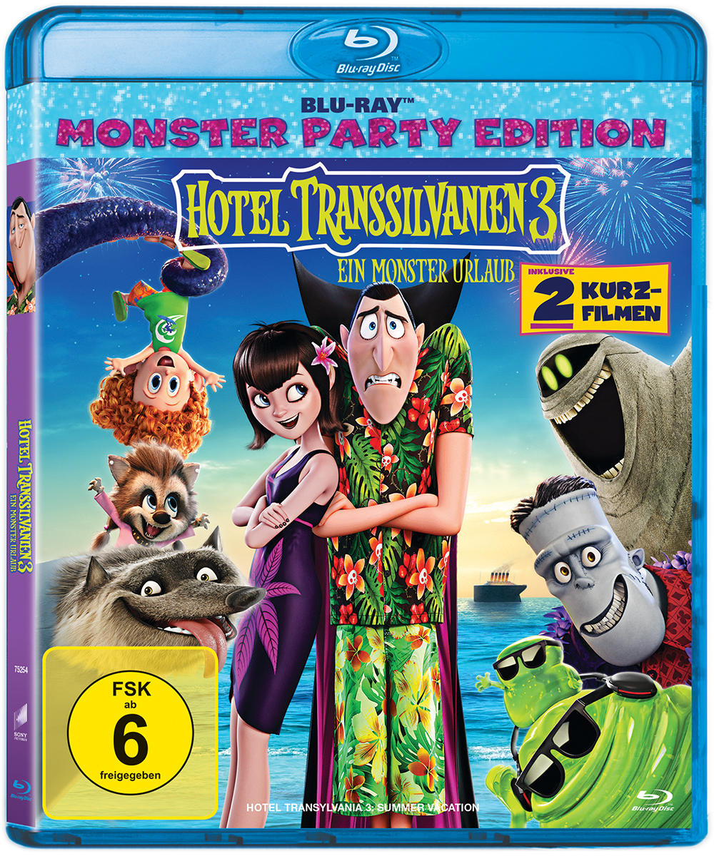 Blu-ray-Cover: Hotel Transsilvanien 3, animierte Charaktere, Monster und Feuerwerk.