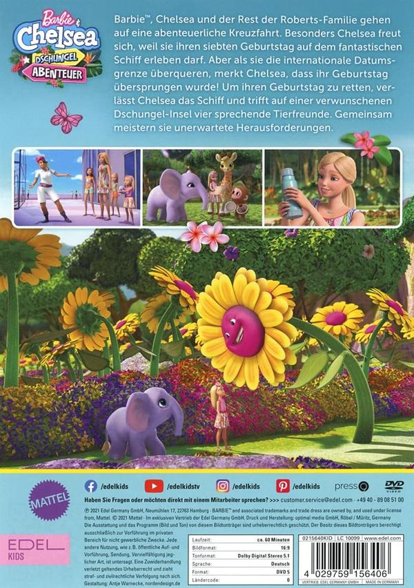 DVD-Cover von Barbie und Chelsea in einem Dschungelabenteuer mit Zeichentrickfiguren.