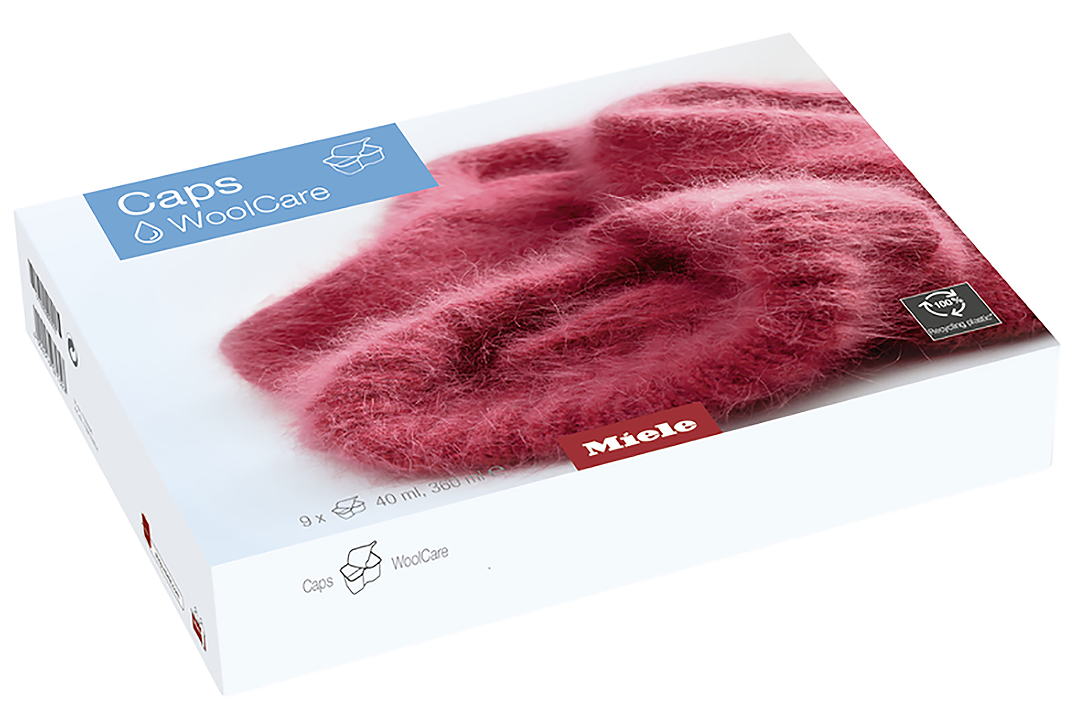A box of pink caps labeled 'Caps WoolCare' by Miele. The box is white with a blue and red color scheme.