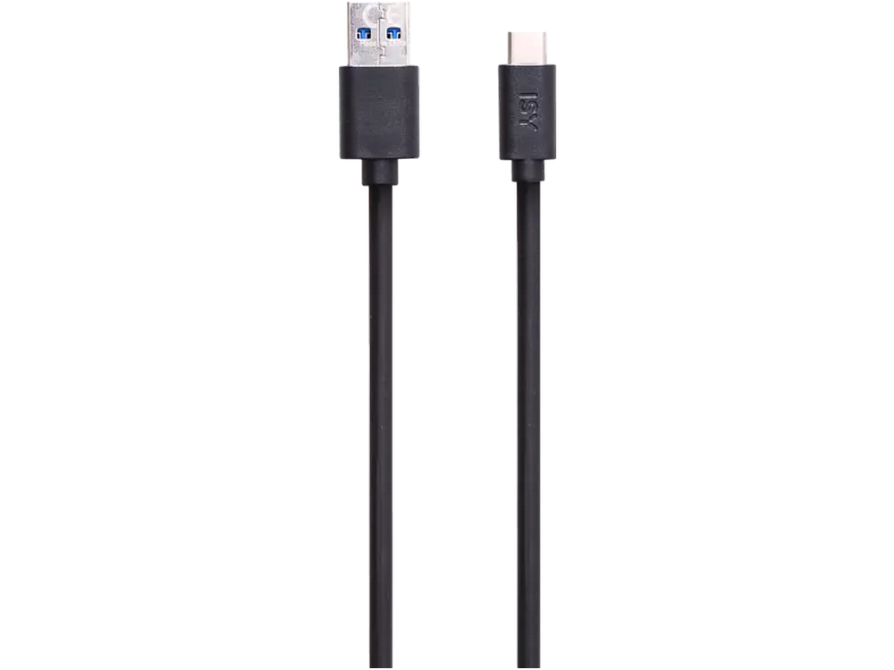 Un cable USB negro con un conector USB-A y un conector USB-C. El cable está sobre fondo negro.