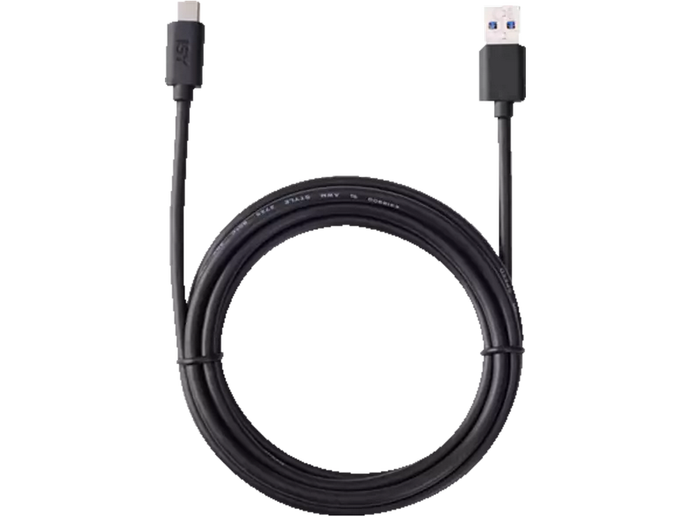 Cable USB negro, mostrando ambos extremos con conectores USB-C y USB-A. Fondo negro liso.