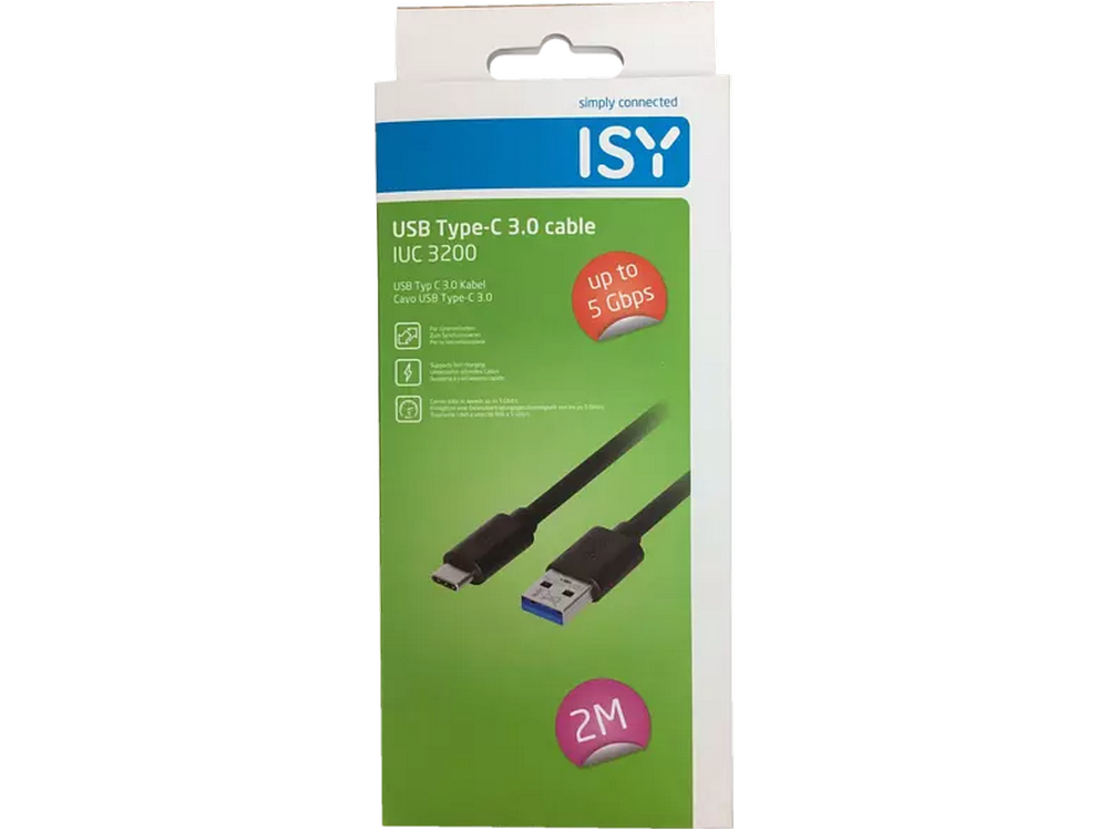 Embalaje de cable USB Tipo-C 3.0. Cable negro, detalles blancos y verdes. Fondo blanco.