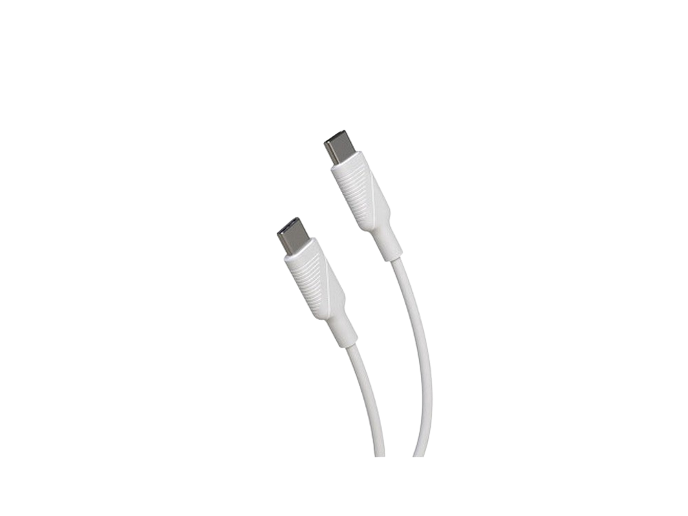 Dos cables USB-C blancos sobre un fondo negro.