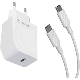 Cargador - Muvit MCPAK0044, USB-C a USB-C, Universal, 1 m, 20W, Blanco