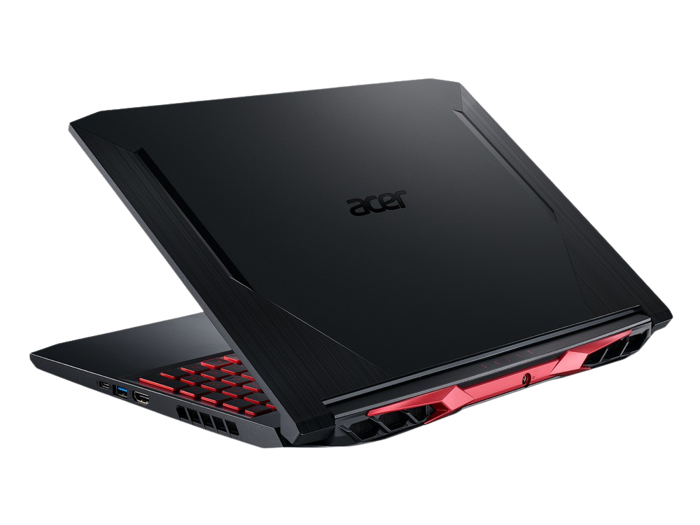 Portátil negro con teclado rojo, vista en ángulo. Logotipo de Acer visible.