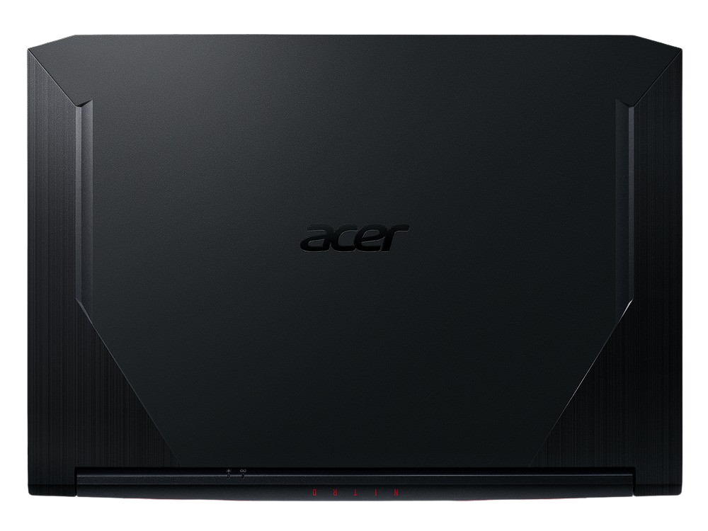 La parte trasera de un portátil negro con el logotipo 'acer'. El diseño tiene líneas anguladas y detalles rojos.