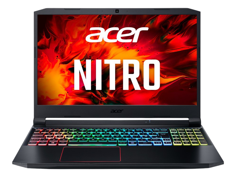 Laptop Acer Nitro negro con teclado retroiluminado colorido, fondo de pantalla rojo y naranja.