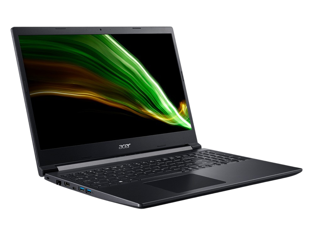 Portátil Acer negro, abierto, sobre una superficie negra. Se muestra un gráfico verde y dorado en la pantalla.