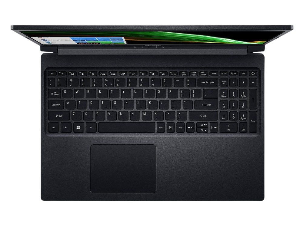 Vista cenital de un portátil negro con la pantalla abierta. El teclado es visible y el fondo es negro.