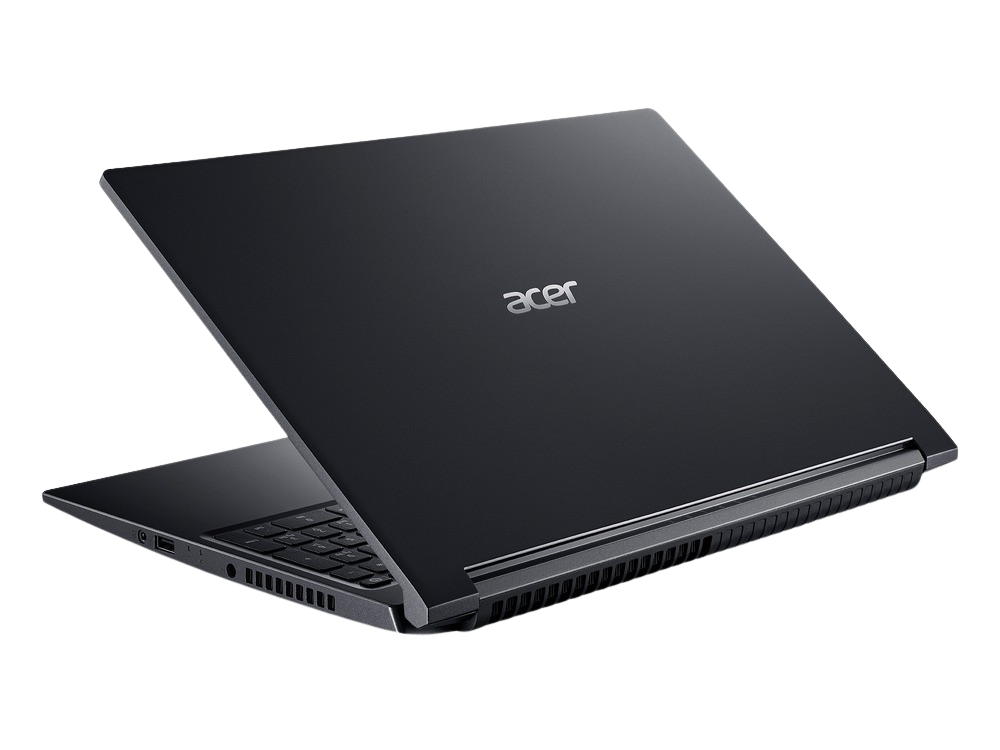 Portátil Acer negro, abierto, vista en ángulo sobre un fondo negro.