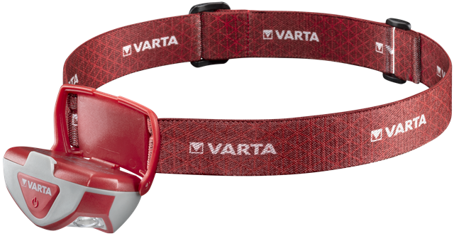 Rote und graue Varta-Stirnlampe mit offenem Licht. Roter Riemen mit Varta-Logo.