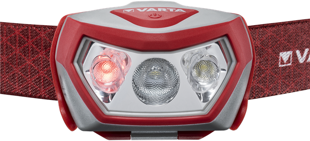 Eine rote und graue Varta Stirnlampe mit drei Lichtern.