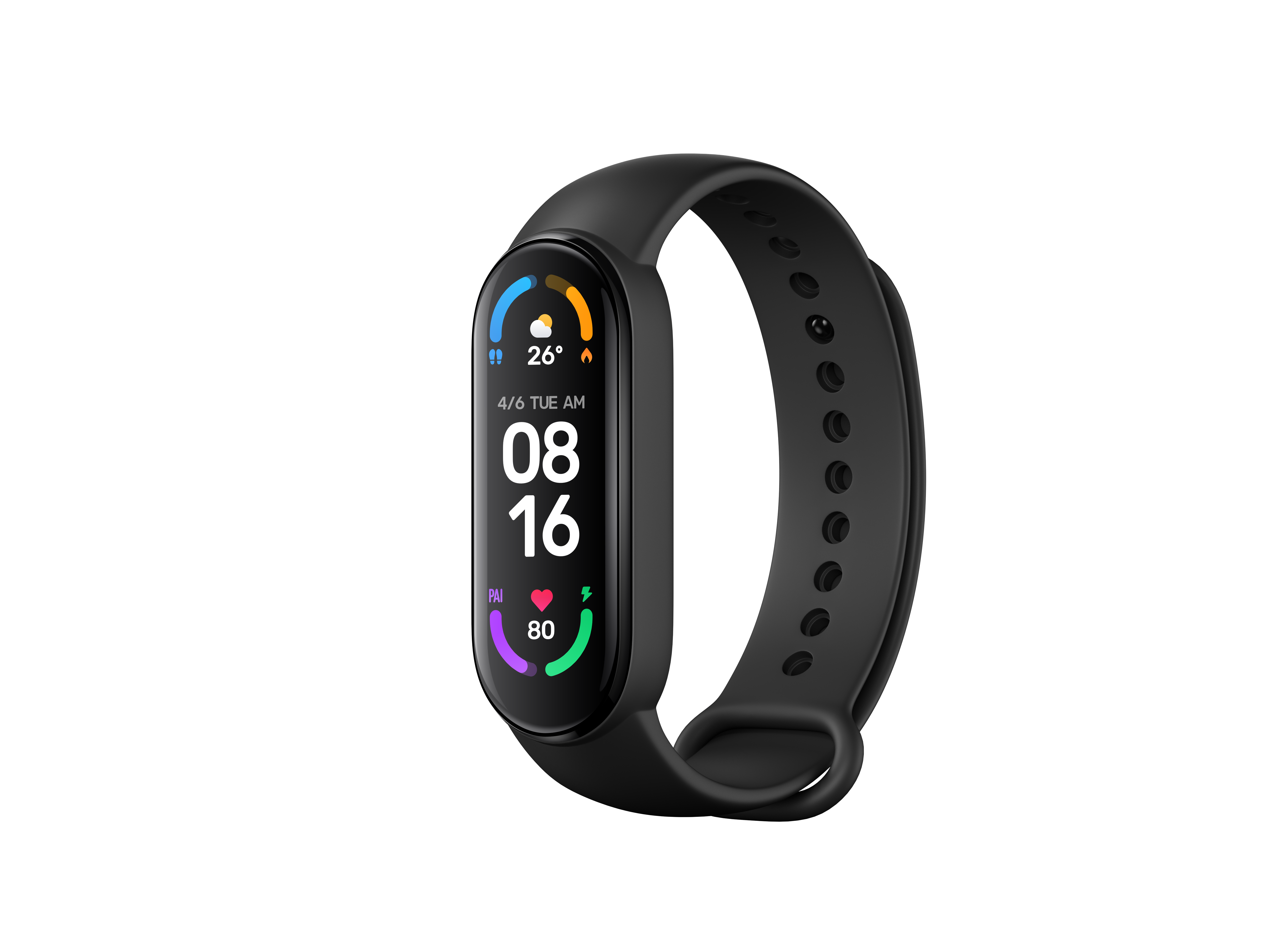 Fekete fitneszkövető fekete pánttal, digitális kijelző fehér háttérrel.