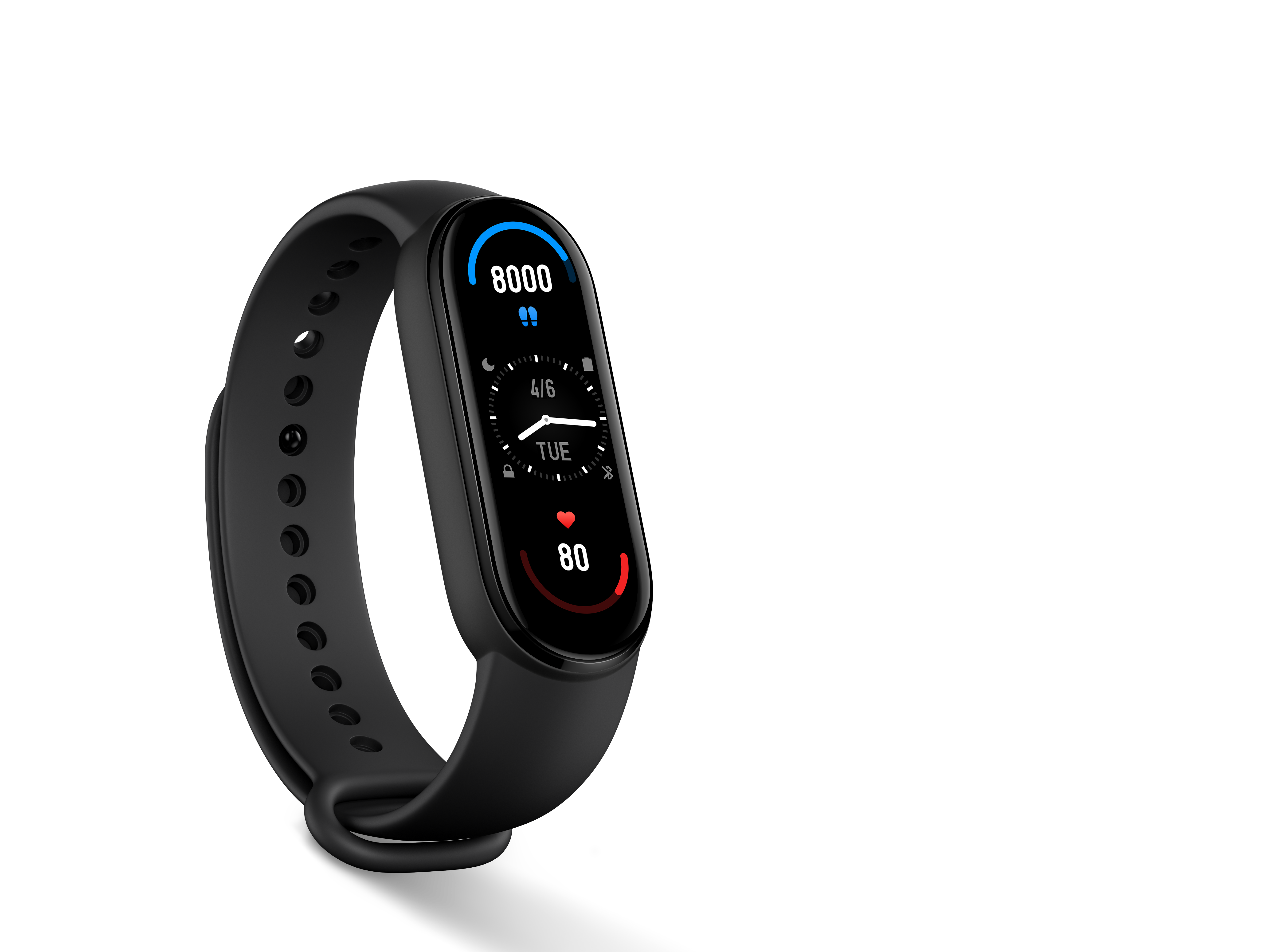 Fekete fitneszkövető fehér háttérrel. A kijelző statisztikákat és időt mutat.