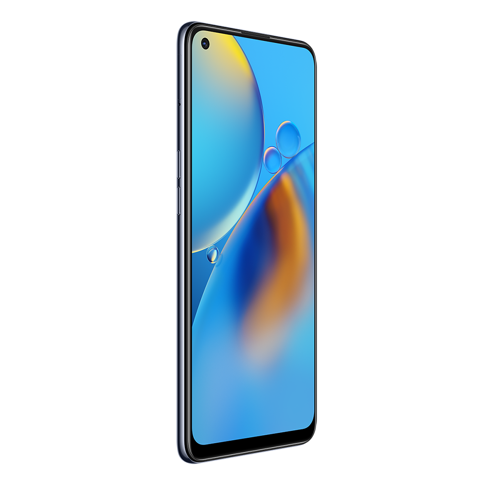 Siyah arka planda akıllı telefon. Telefon mavi renkli, ekran renkli baloncuklar gösteriyor.