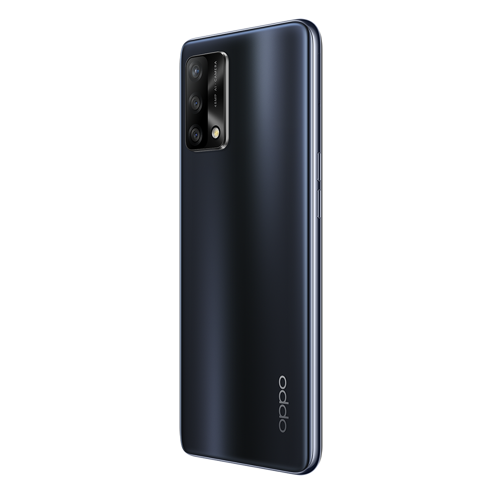 Siyah Oppo telefon, arka görünüm, kamera ve Oppo logosu ile.