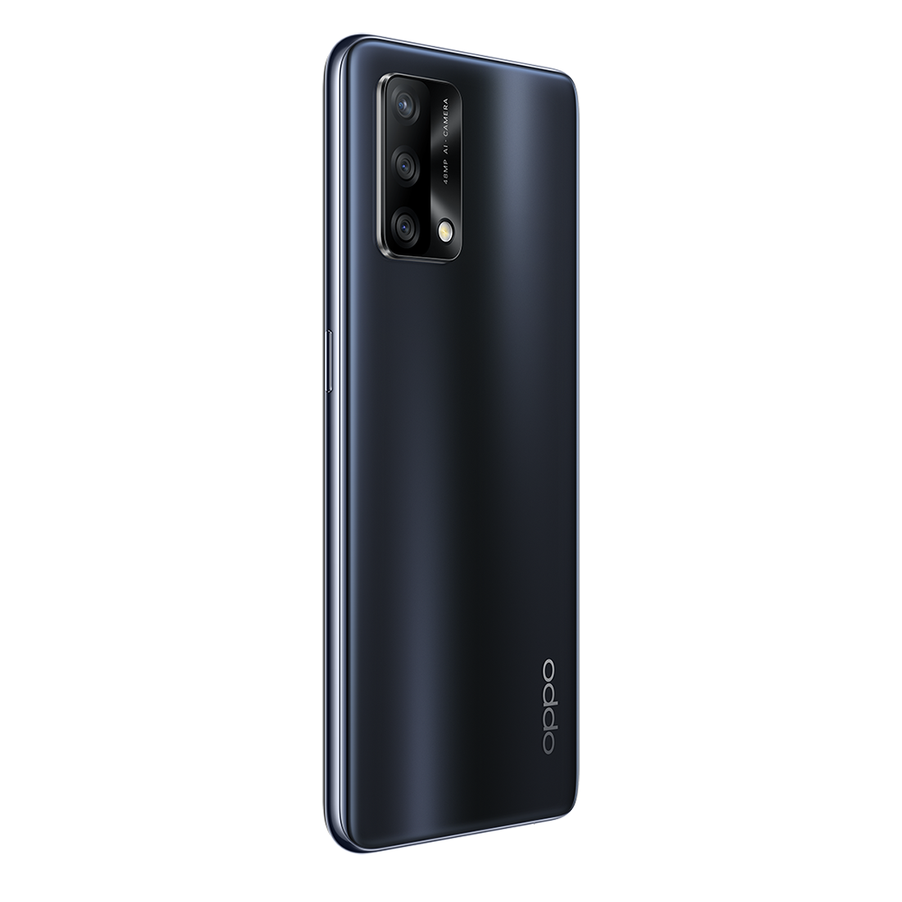 Siyah arka plan üzerinde çoklu kameralı siyah Oppo telefon.