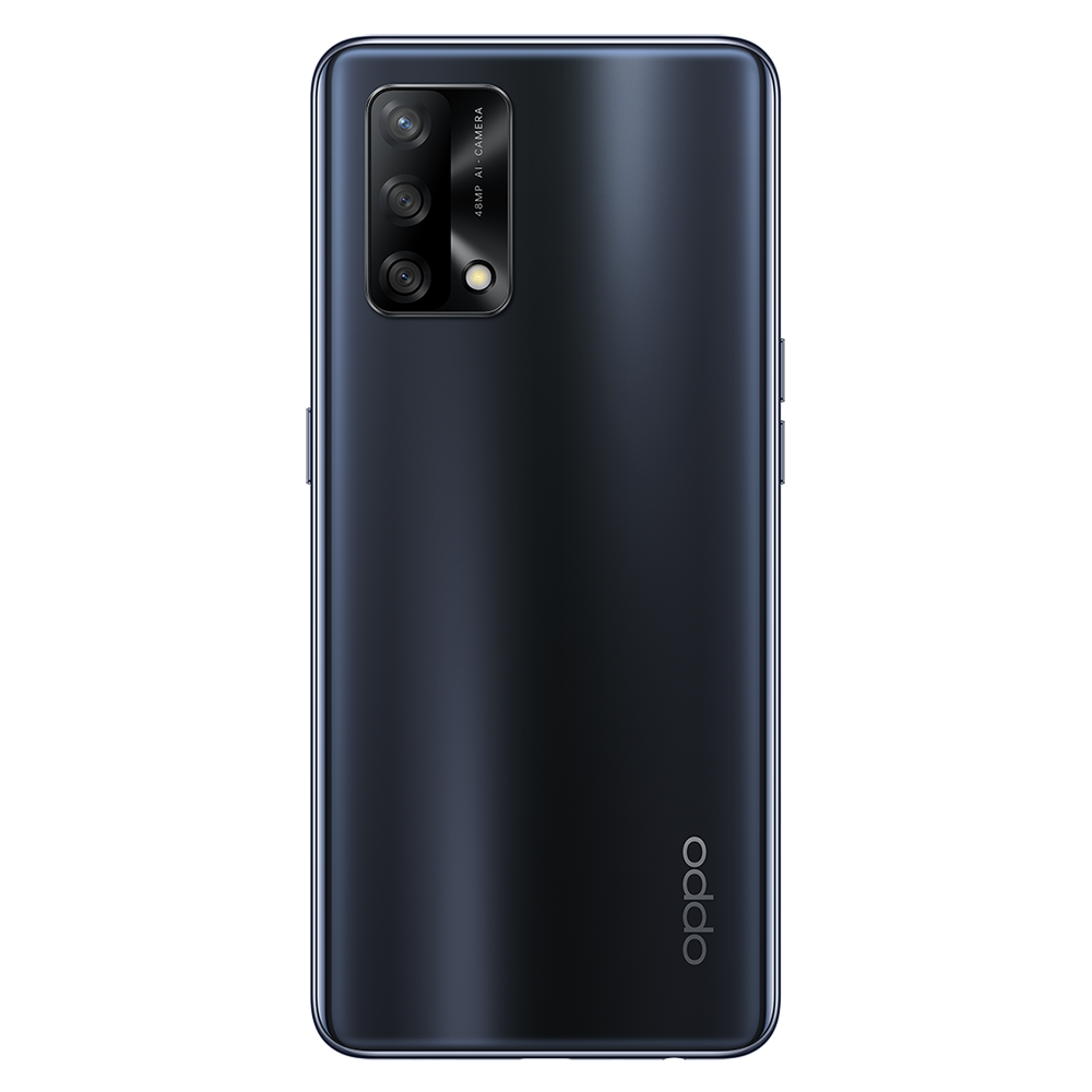 Siyah Oppo telefon, arka görünüm. Dört kamera lensi. Altta Oppo logosu.