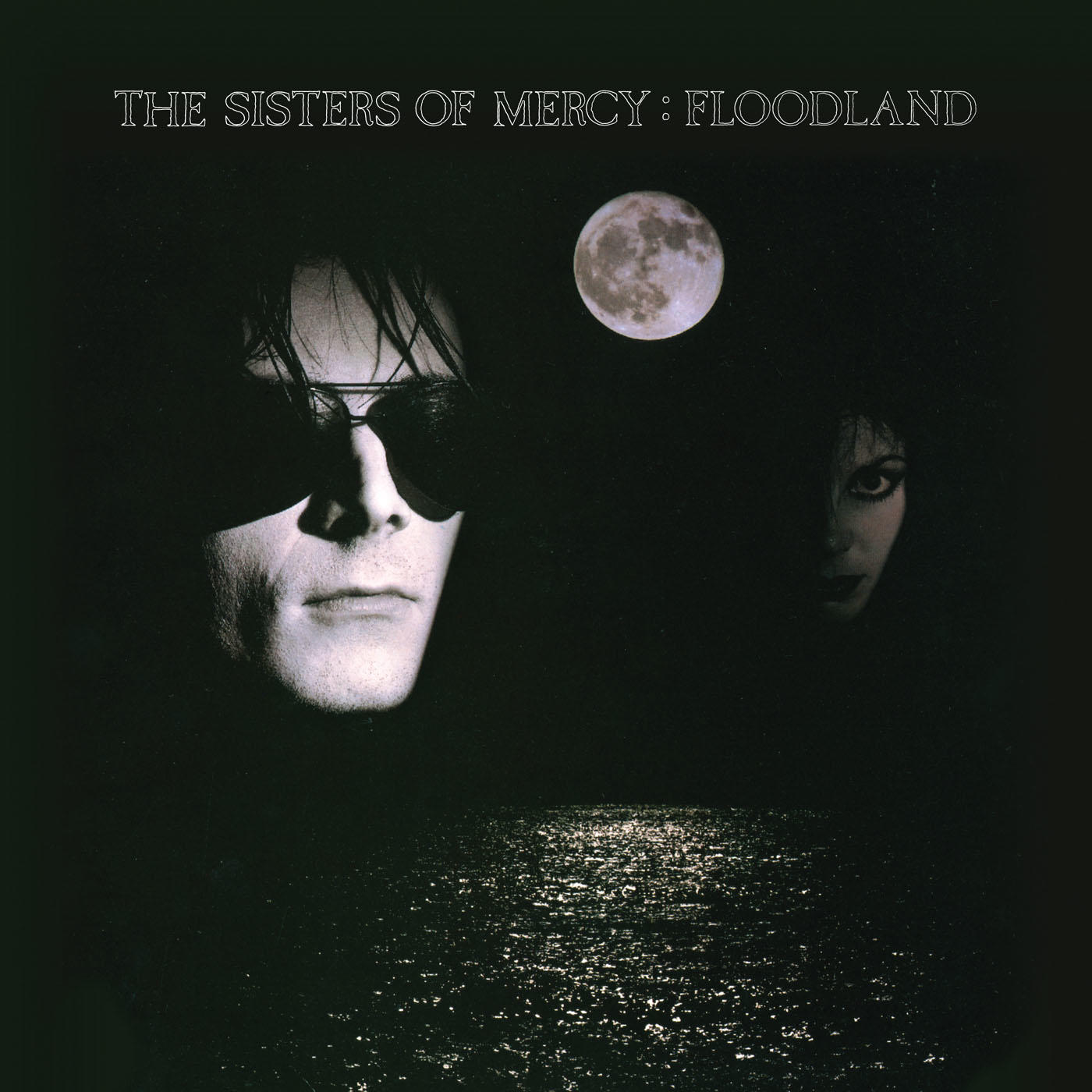 A The Sisters of Mercy: Floodland album borítója. Sötét jelenet arcokkal és holddal.