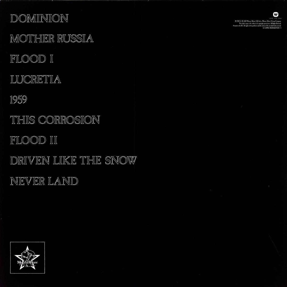 Album borító fekete háttérrel. A fehér szöveg a következő dalcímeket sorolja fel: Dominion, Mother Russia stb.