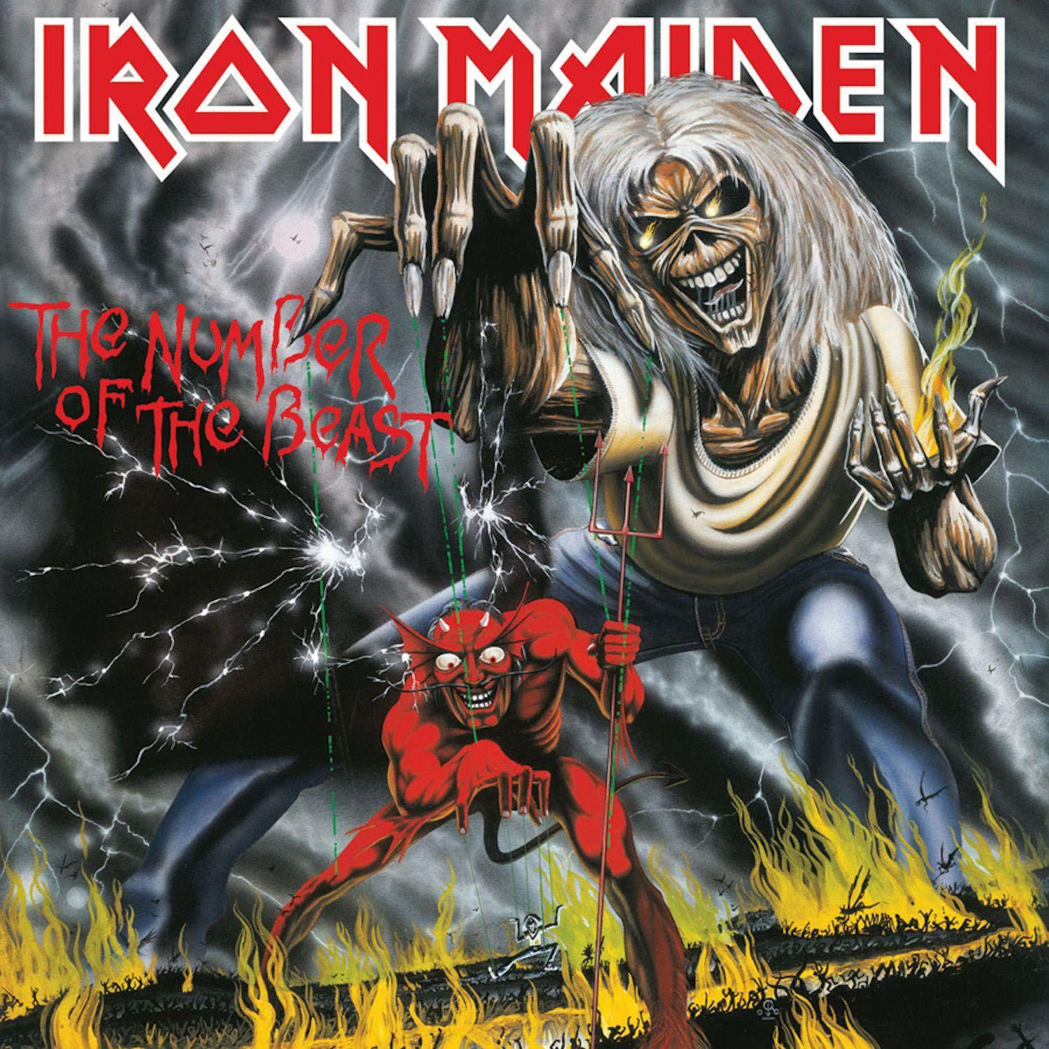 Az Iron Maiden 'The Number of the Beast' albumának borítója. Egy ördög és egy szörny egy sötét, viharos jelenetben.