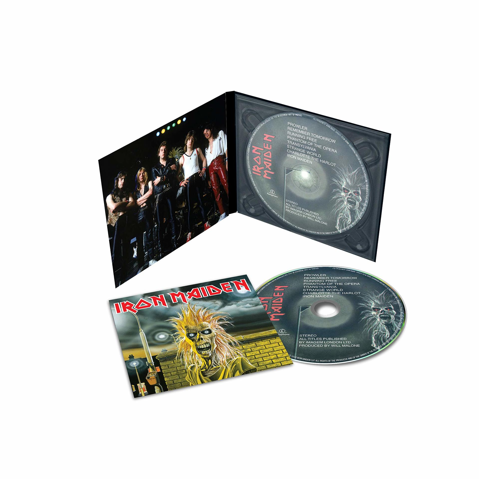 Egy Iron Maiden CD tok a CD-vel, a füzettel és a borítóval. A borítón egy szörny látható.