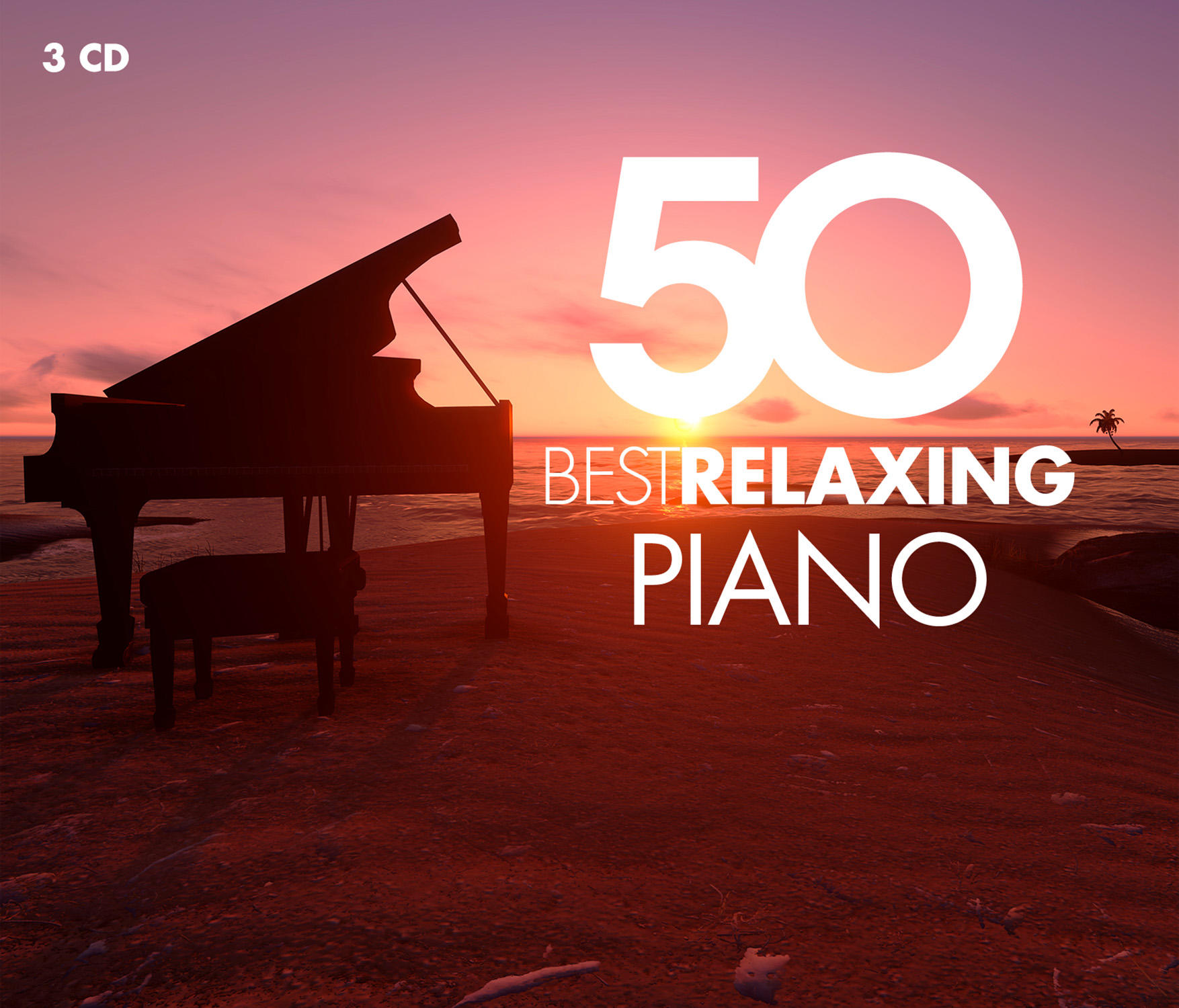 Zongora a tengerparton naplementekor, "50 Best Relaxing Piano" felirattal.