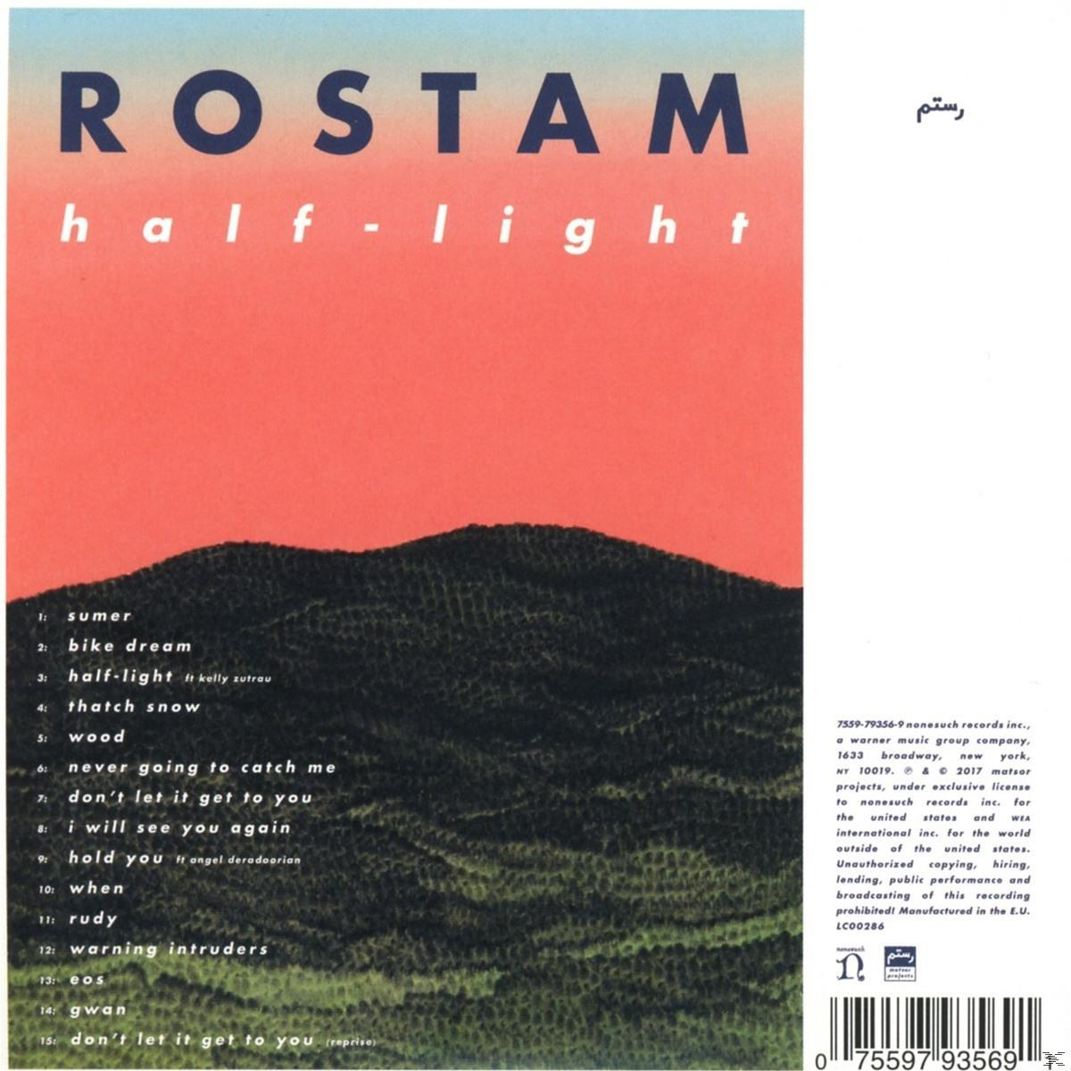 Albumcover: „ROSTAM half-light“ auf rot-orangefarbenem Hintergrund mit Trackliste.