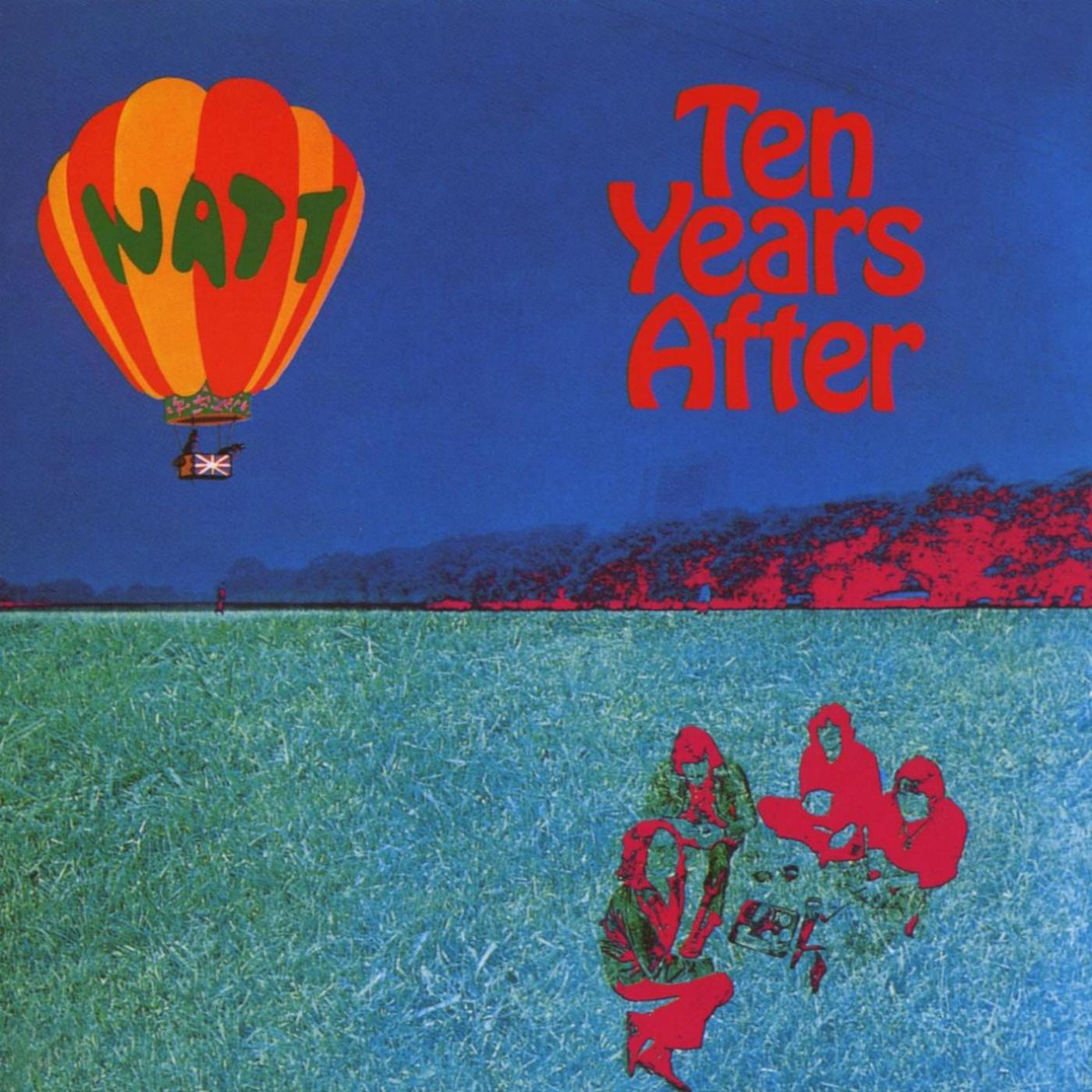 Albumcover mit Heißluftballon und roten Menschen auf grünem Feld, blauer Himmel.