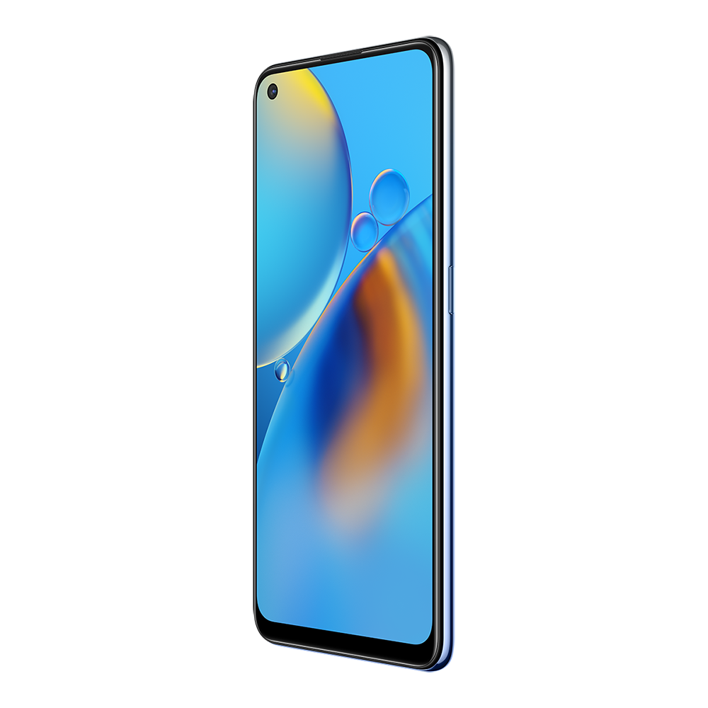 Renkli soyut bir görüntü gösteren, parlak ekranlı mavi bir akıllı telefon.