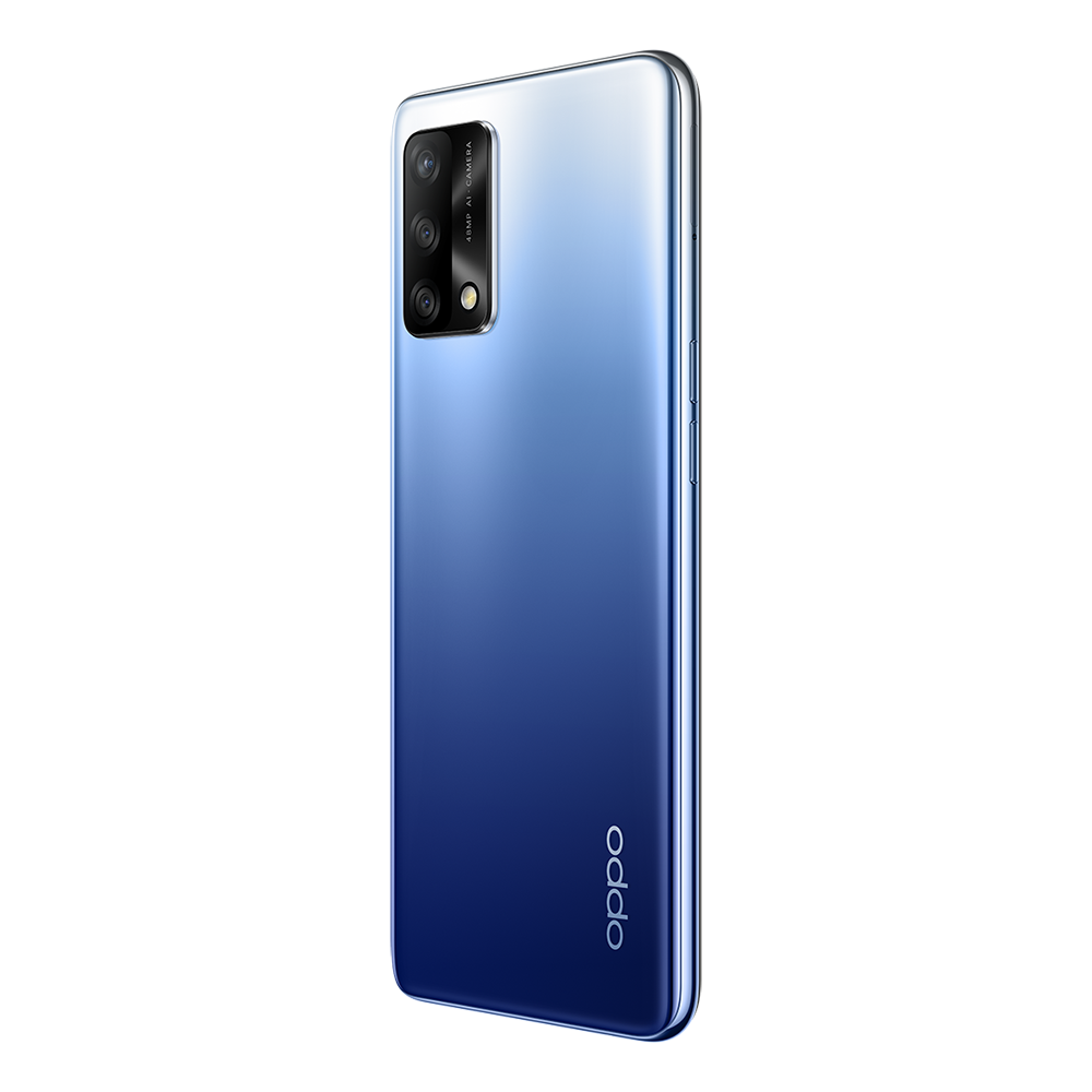 Mavi degrade OPPO telefon, kamera modülü görünür, siyah arka plan.