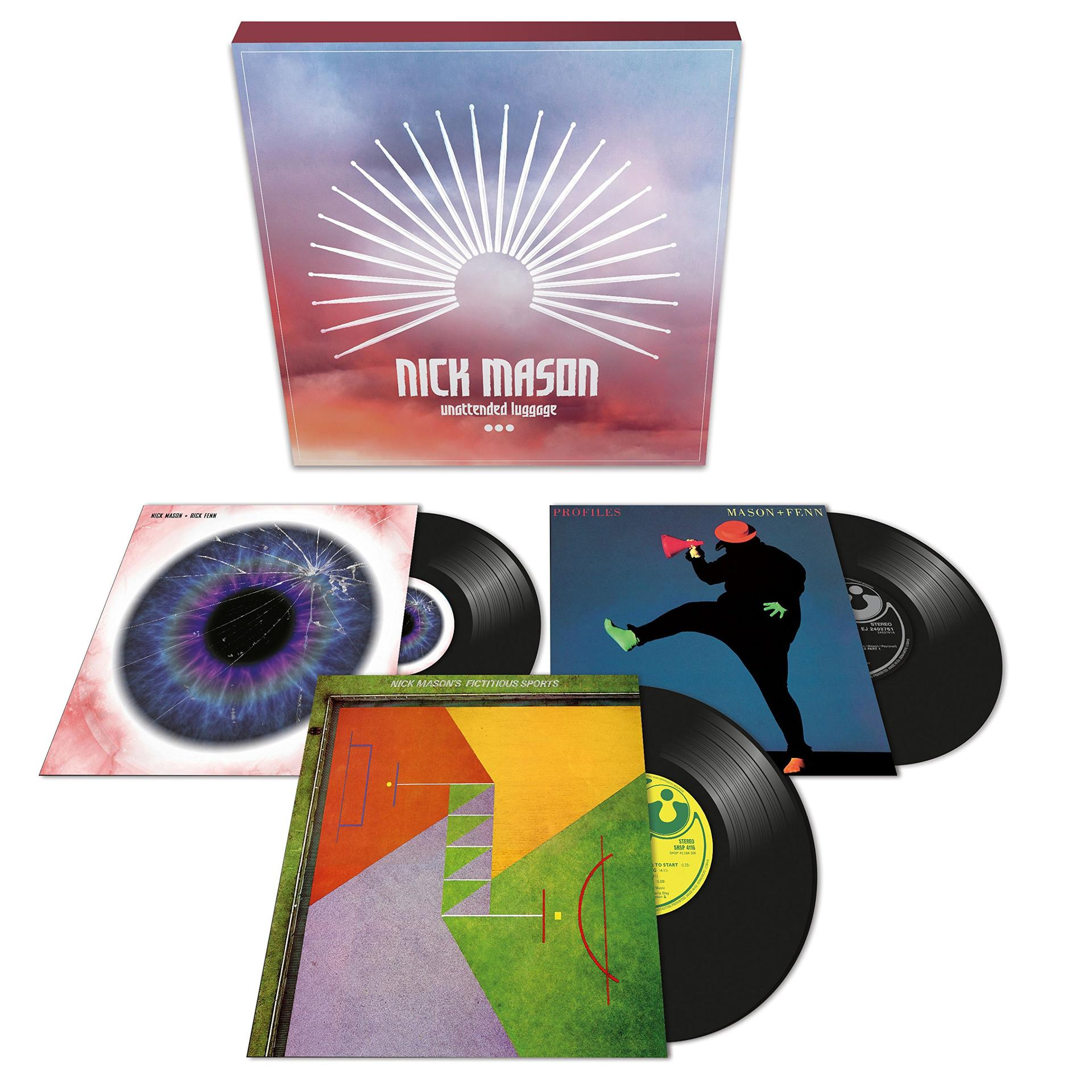 Album borító és bakelit lemezek. Album borító szöveggel: Nick Mason, felügyelet nélküli poggyász.