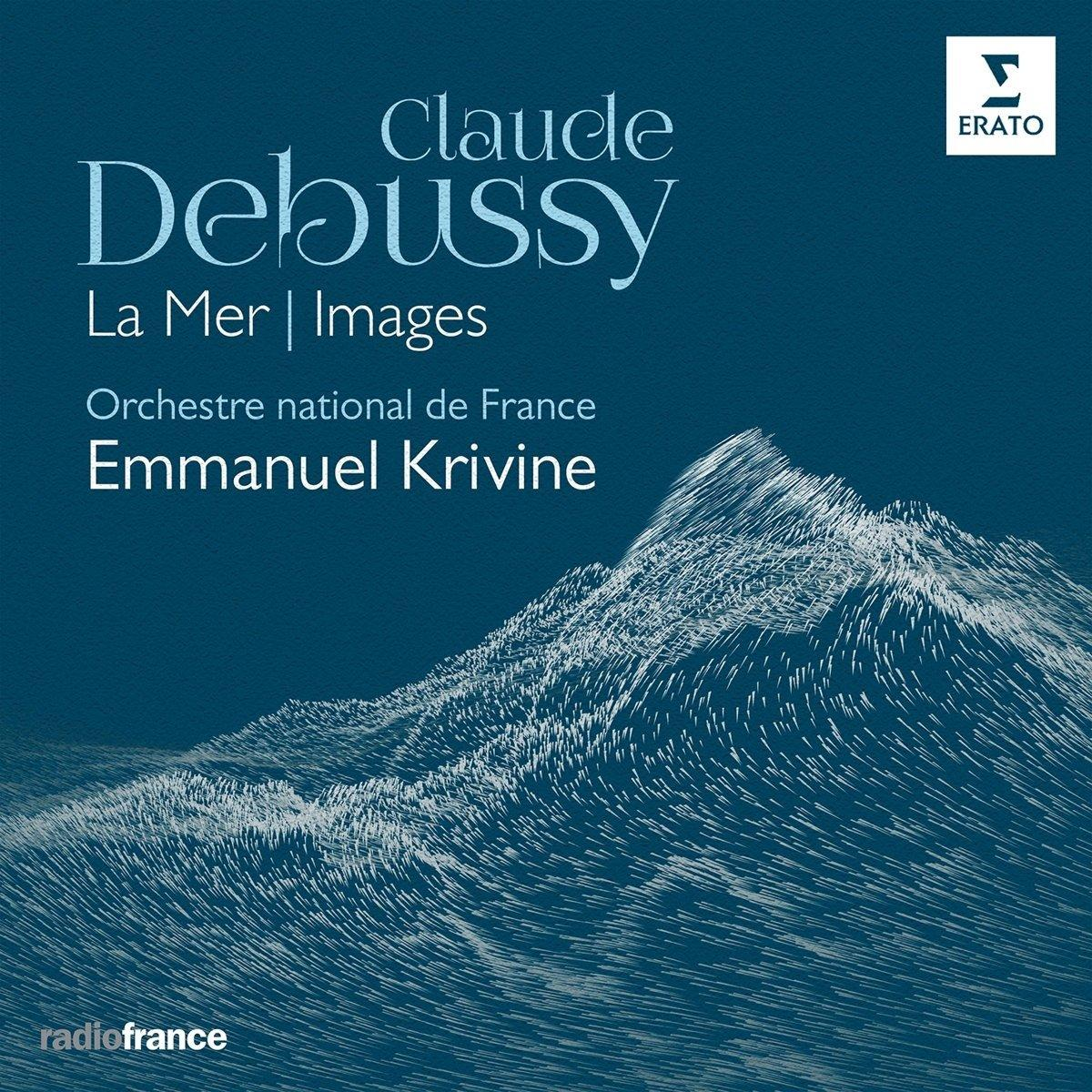 Album borító szöveggel 'Claude Debussy La Mer | Images'. Fehér vonalrajz hullámokról kék háttérben.