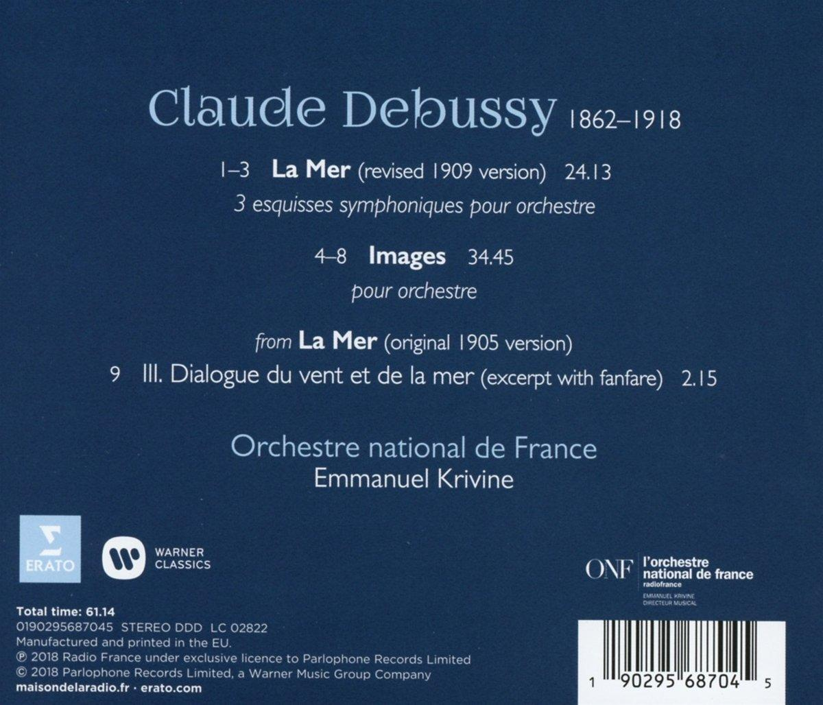 Egy zenei CD hátlapja. Szöveg Claude Debussyról és műveiről, a Warner Classics logójával.