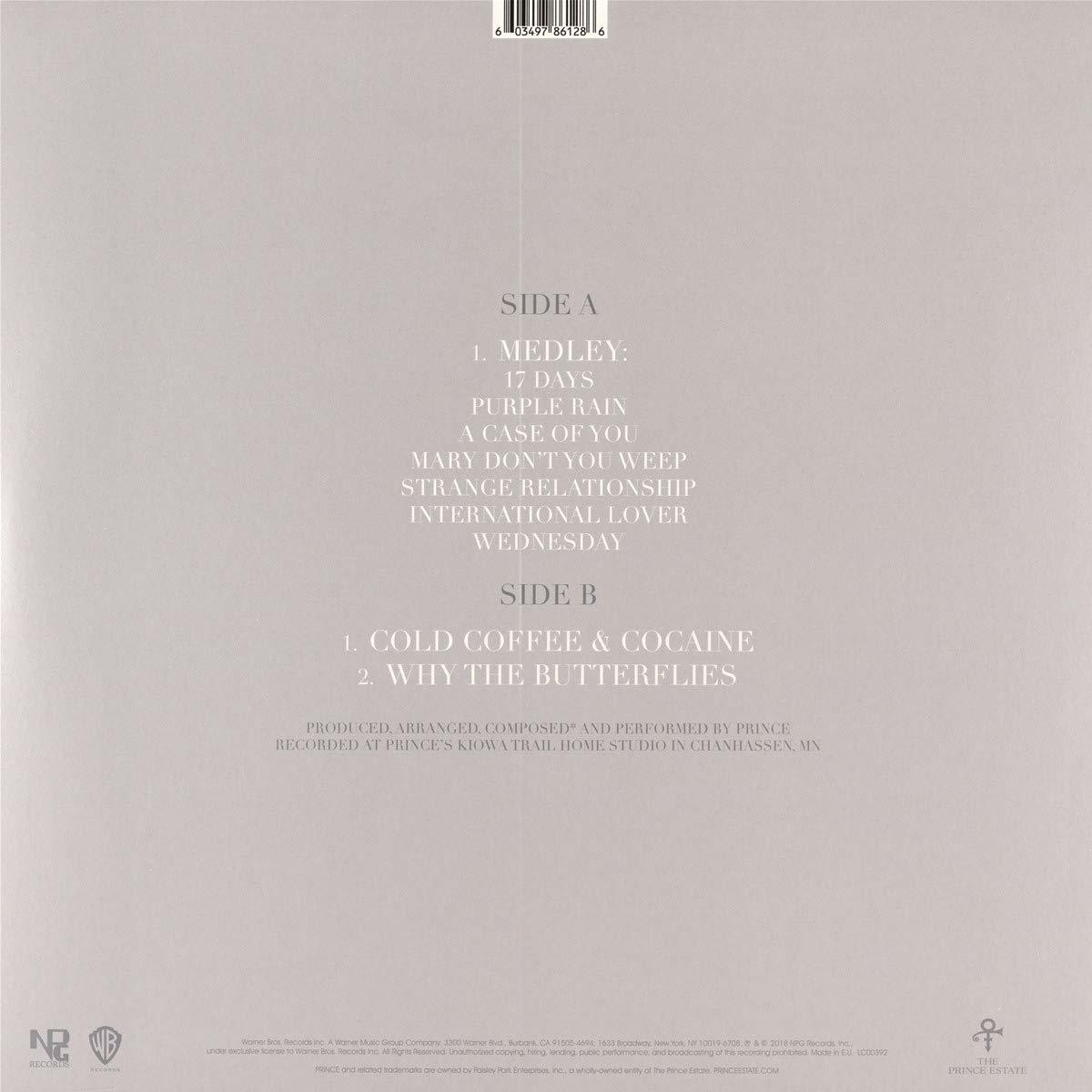 Rückseite des Prince-Albums. Titelliste und Credits sind auf hellgrauem Grund gedruckt.