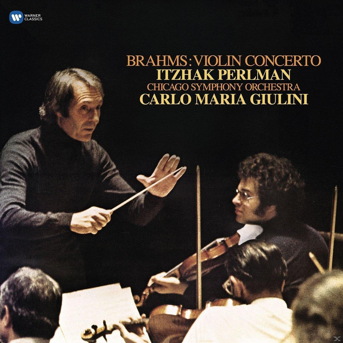 Album borító: Brahms hegedűverseny. Két férfi vezényel és hegedül. Sötét háttér.