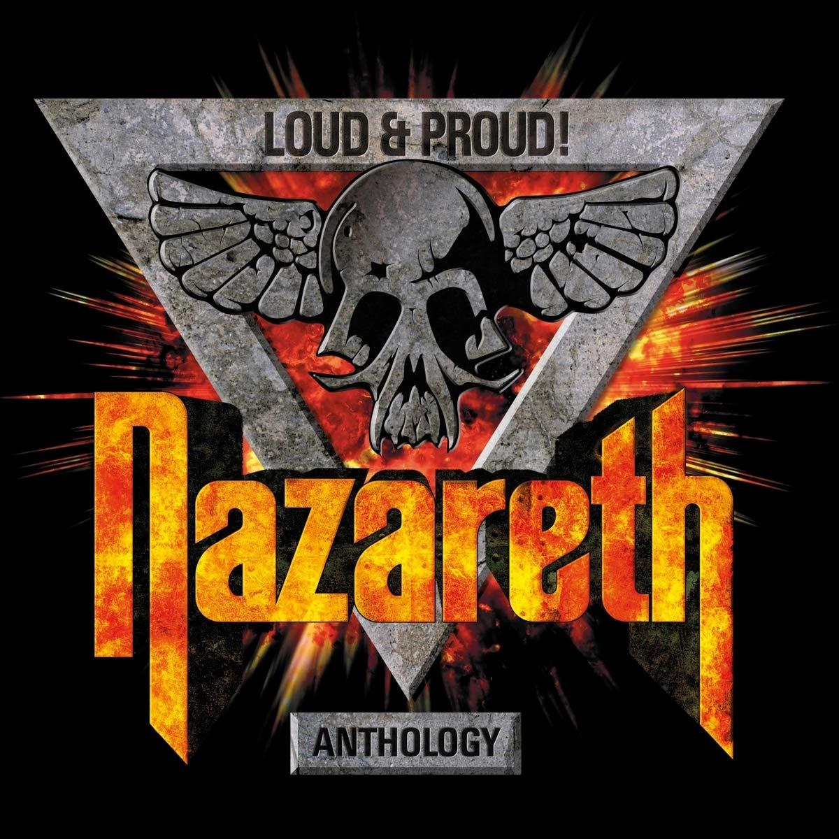 Nazareth album borítója. Koponya szárnyakkal a logó felett narancs és fekete színben, az Anthology szóval.