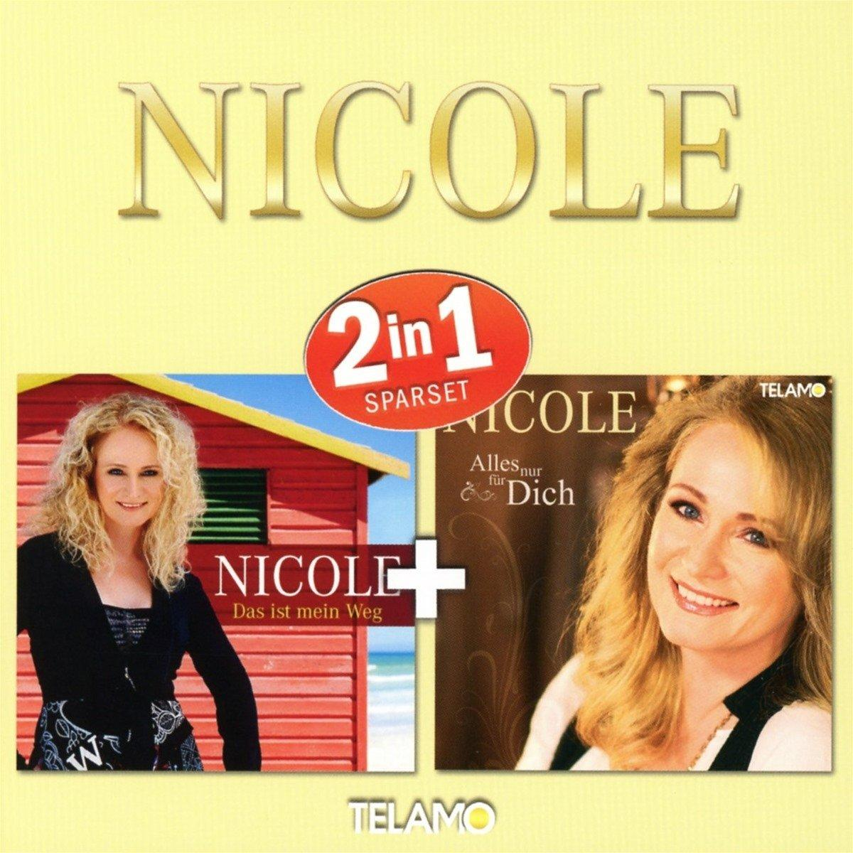 Nicole Albumcover, zwei Fotos von Nicole, roter und gelber Hintergrund. 2 in 1.
