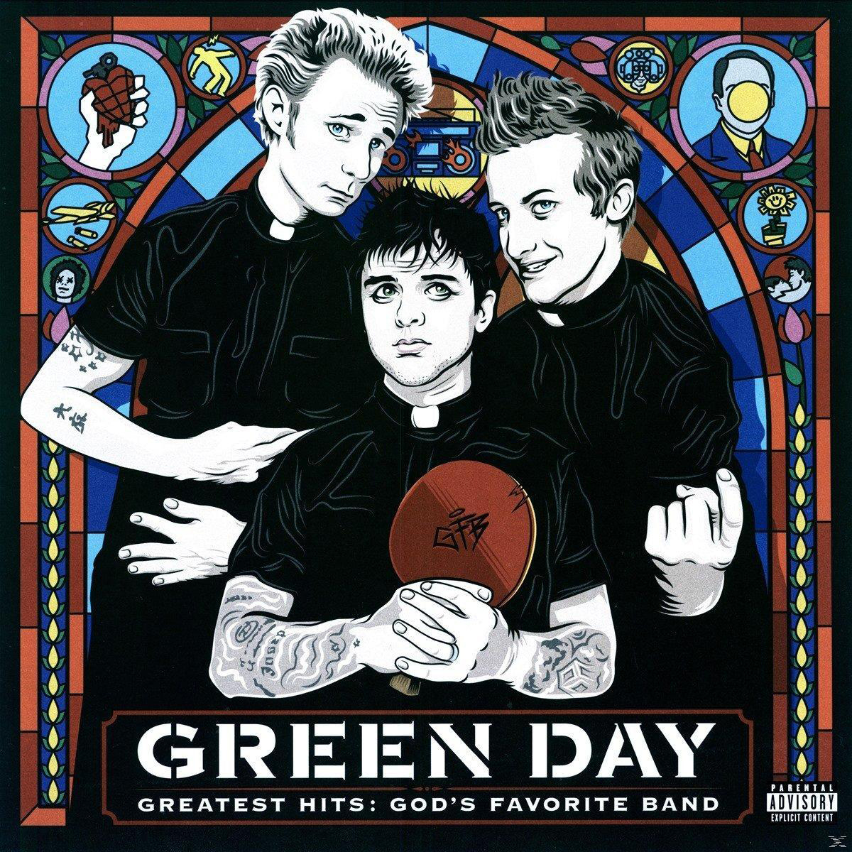 Green Day Albumcover mit drei Comic-Priestern, die einen Tischtennisschläger halten.
