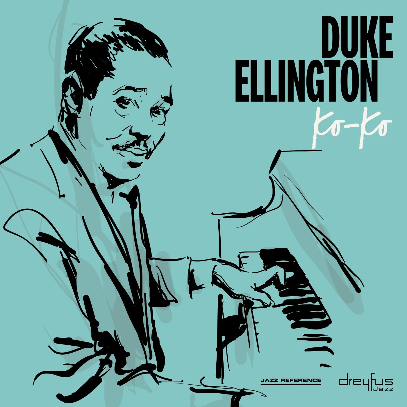 Duke Ellington album borítója, egy férfinak a zongoránál stilizált rajza, türkiz háttér.