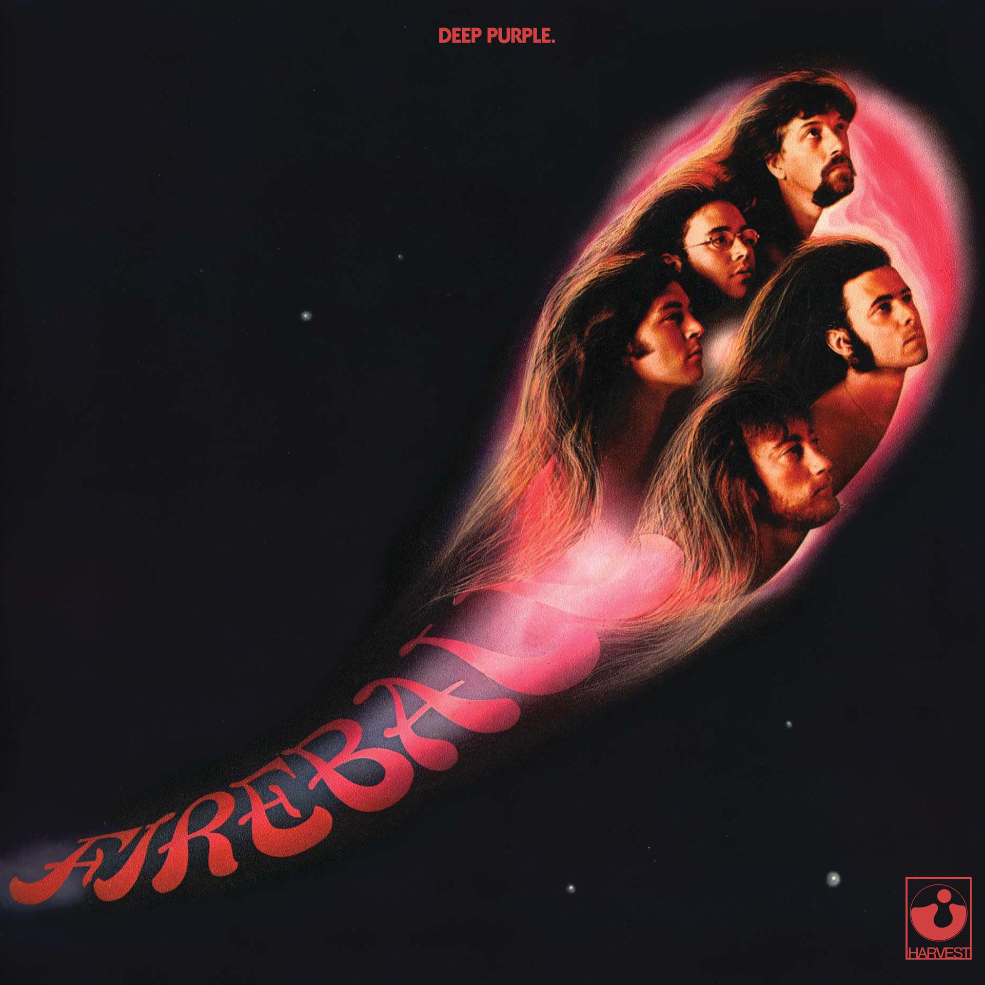 Deep Purple Albumcover mit Bandmitgliedern in einem Sternschnuppen-Design, schwarzer Hintergrund.