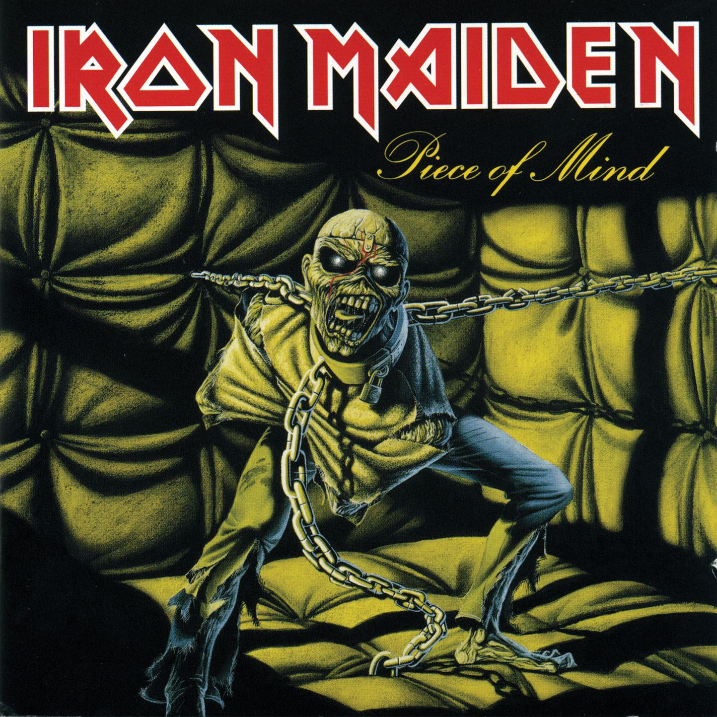 Iron Maiden Albumcover zeigt eine angekettete zombieartige Figur in einer gepolsterten Zelle.
