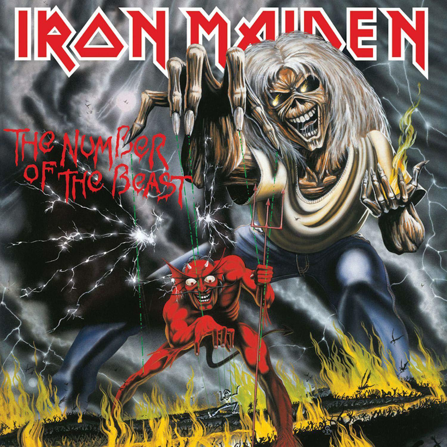 Iron Maiden Albumcover. Teufelsfigur mit Dreizack, mit Eddie the Head, Flammen und Blitzen.