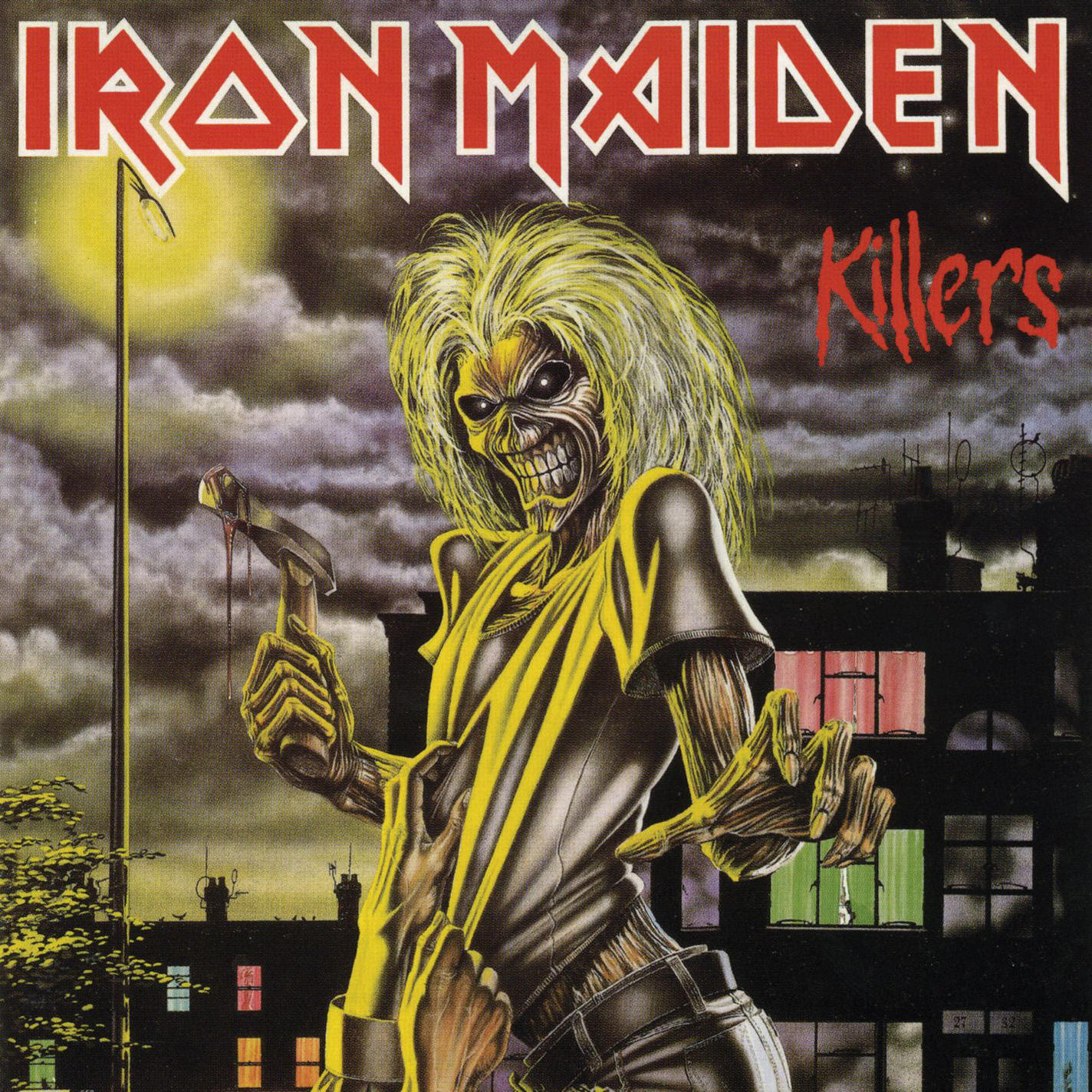 Albumcover mit Monster-Illustration mit Hammer. Dunkler Hintergrund.