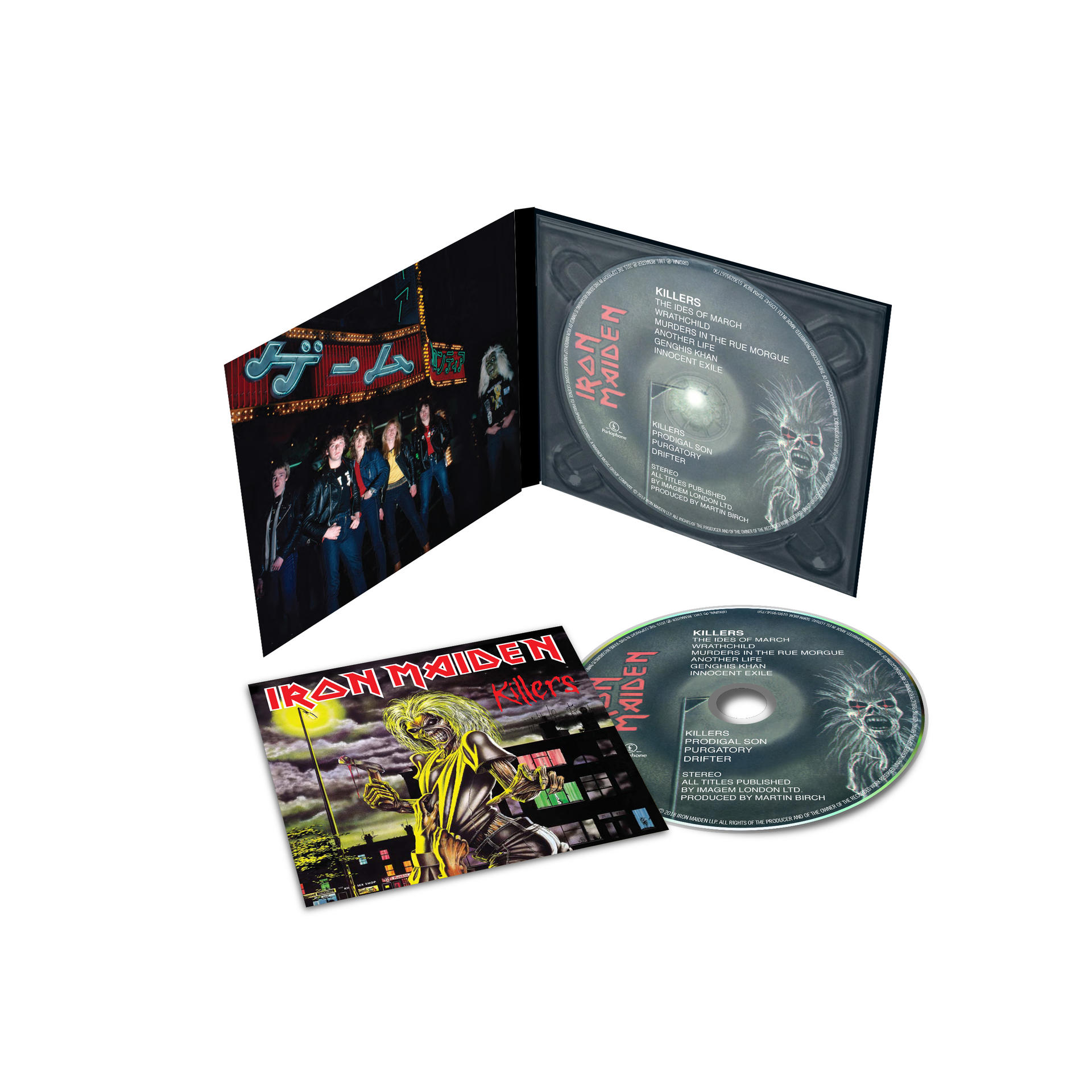 Geöffnete Iron Maiden CD-Hülle mit Disc, Albumcover und Foto von Bandmitgliedern in einer Stadt.