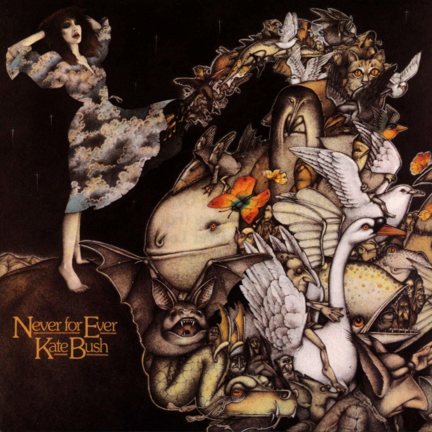 Albumcover für Kate Bushs 'Never for Ever', mit einer surrealen Illustration mit Figuren und Kreaturen.