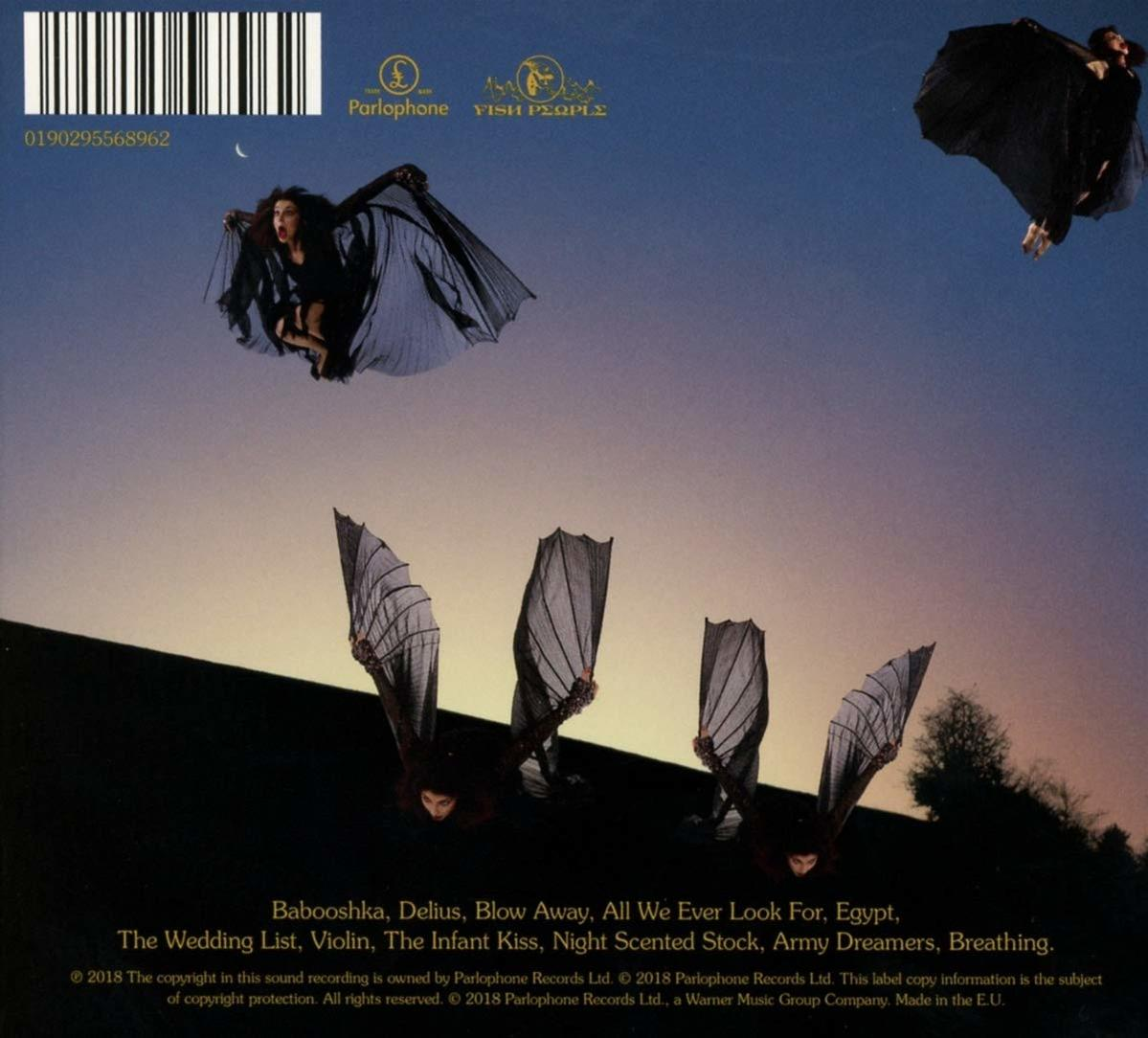 Albumcover mit schwarzem Hintergrund. Eine Frau in einem schwarzen Kleid schwebt.